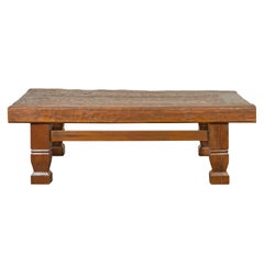 Primitive Wood Indonesian Coffee Table with Distressed Finish and Block Legs