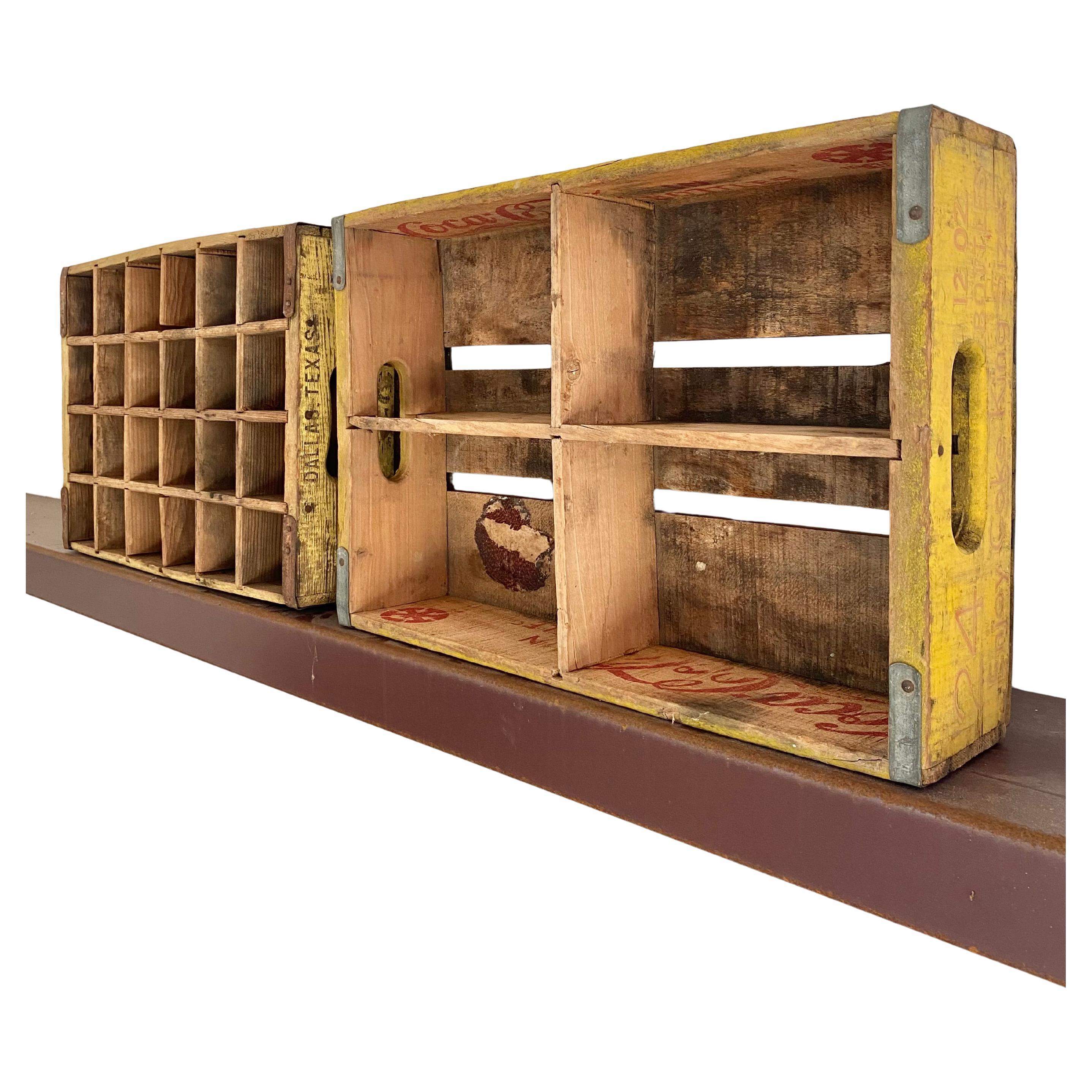 A pair of wood boxes that were originally used to transport soda bottles of Coca Cola and Pepsi. Made in Mexico and stamped, these two harken to a time long ago, when joinery in the simplest items was thoughtful, beautiful and came about through a