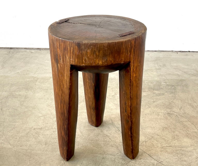 Beautiful primitive wood tripod stool with incredible craftsmanship and joinery. 
France, circa 1940s
