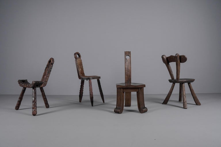 Brutalist Wooden 3-Legged Hand Carved Chair, 1950s For Sale at 1stDibs