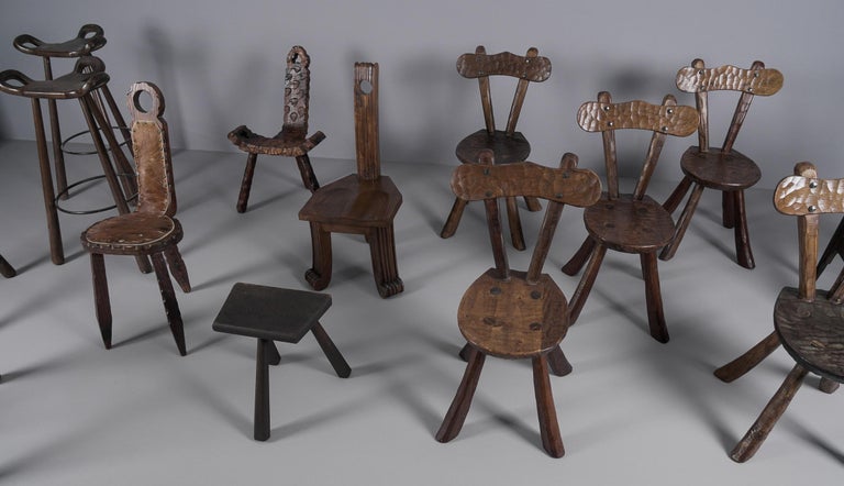 Brutalist Wooden 3-Legged Hand Carved Chair, 1950s For Sale at 1stDibs