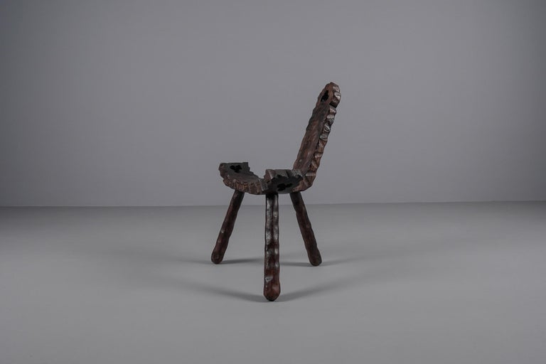Brutalist Wooden 3-Legged Hand Carved Chair, 1950s For Sale at 1stDibs