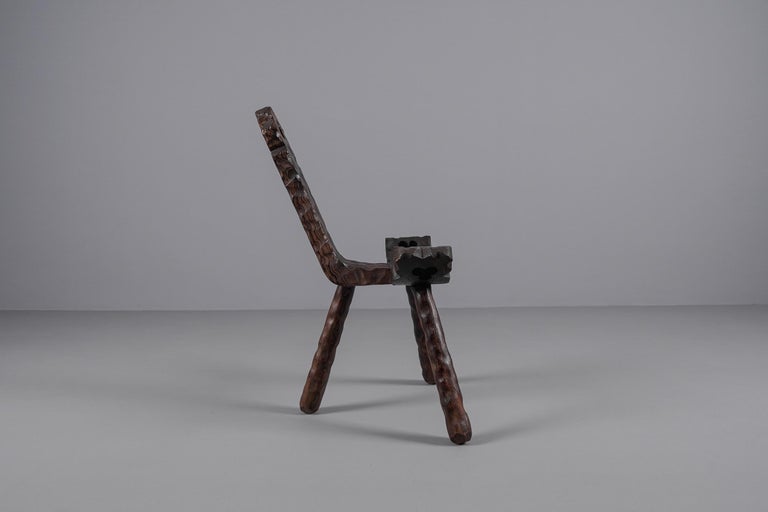 Brutalist Wooden 3-Legged Hand Carved Chair, 1950s For Sale at 1stDibs