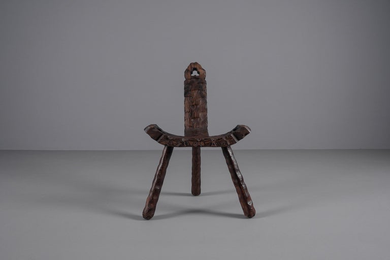 Brutalist Wooden 3-Legged Hand Carved Chair, 1950s For Sale at 1stDibs