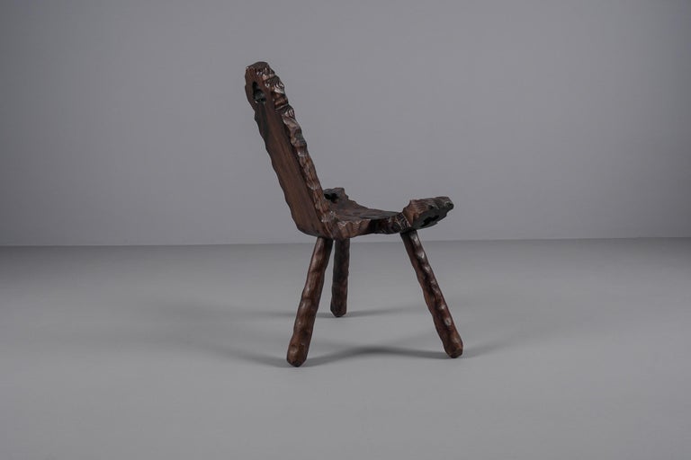 Brutalist Wooden 3-Legged Hand Carved Chair, 1950s For Sale at 1stDibs