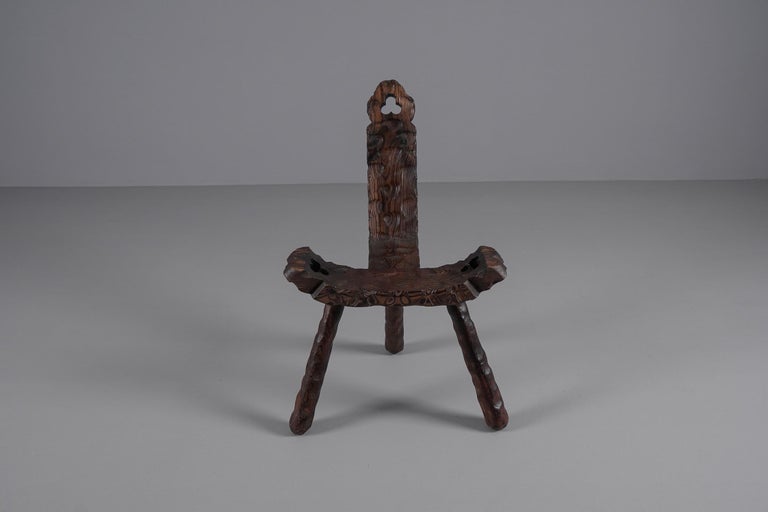 Brutalist Wooden 3-Legged Hand Carved Chair, 1950s For Sale at 1stDibs