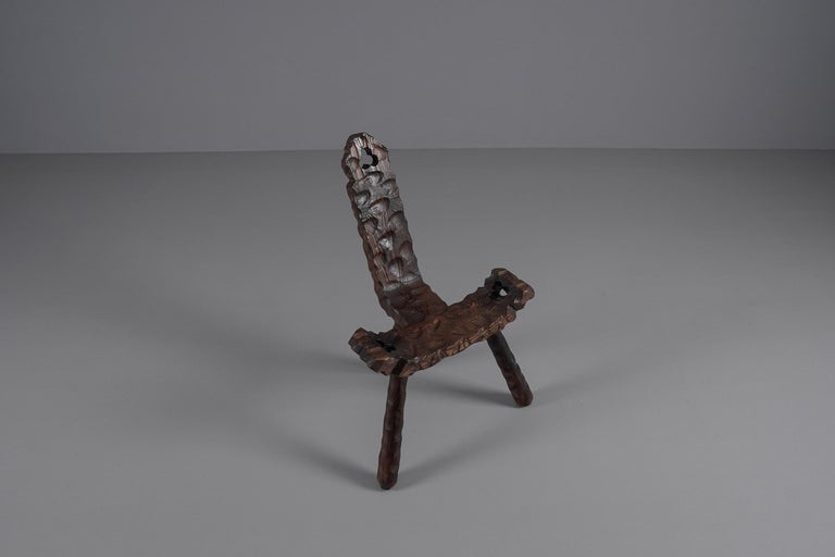 Brutalist Wooden 3-Legged Hand Carved Chair, 1950s For Sale at 1stDibs