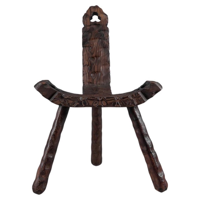 Brutalist Wooden 3-Legged Hand Carved Chair, 1950s For Sale at 1stDibs
