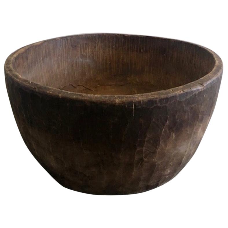 Primitive Wooden Bowl with Brown Patina from Japan