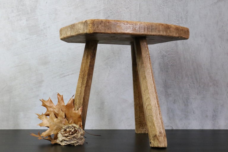 Hand-Crafted Primitive Wooden Brutalist Stool, Milking Stool, French, Folk Art, circa 1900 For Sale