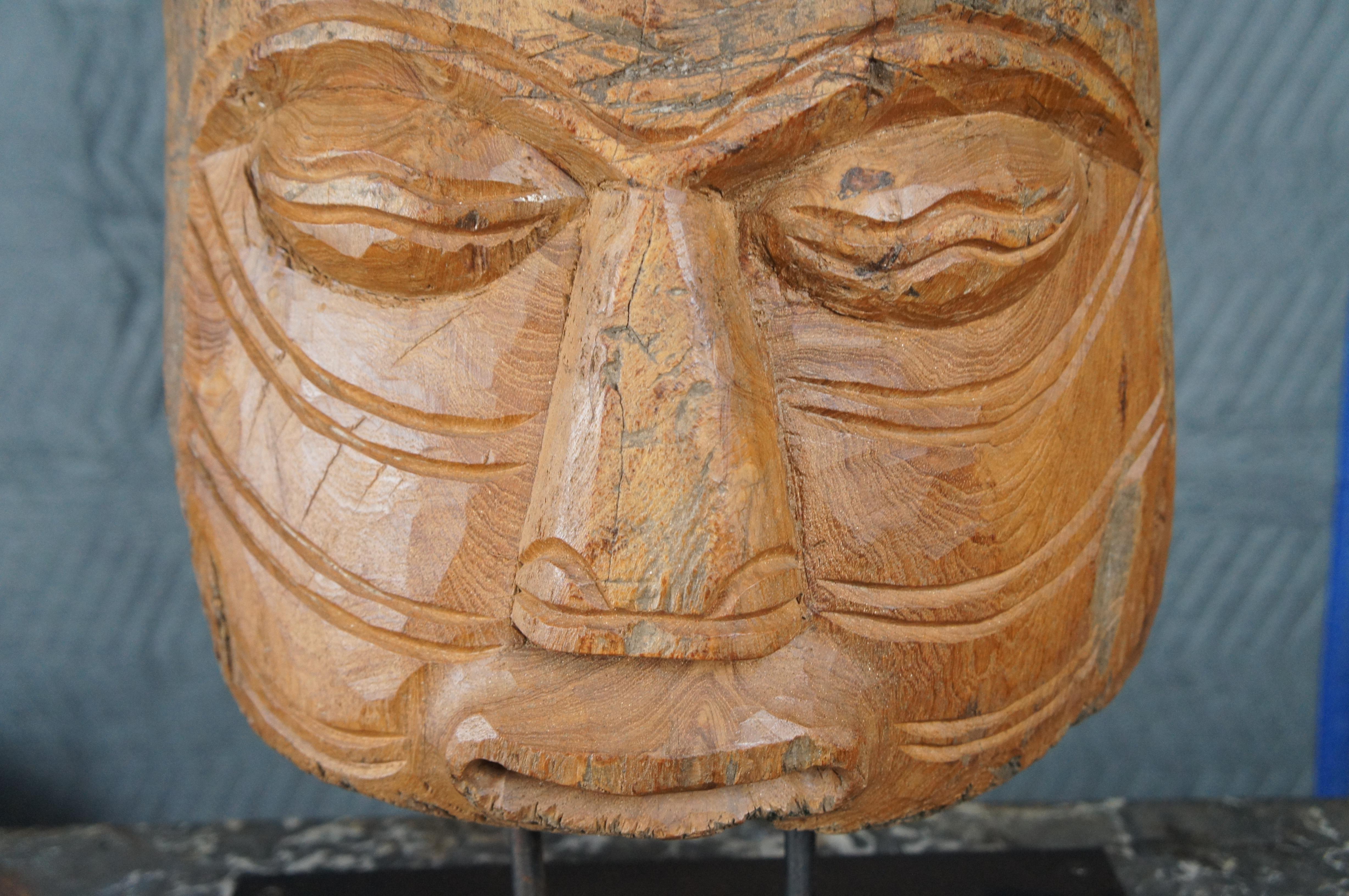 Primitive Wooden Mesoamerican Style Hand Carved Mask Sculpture on Stand Statue For Sale 6