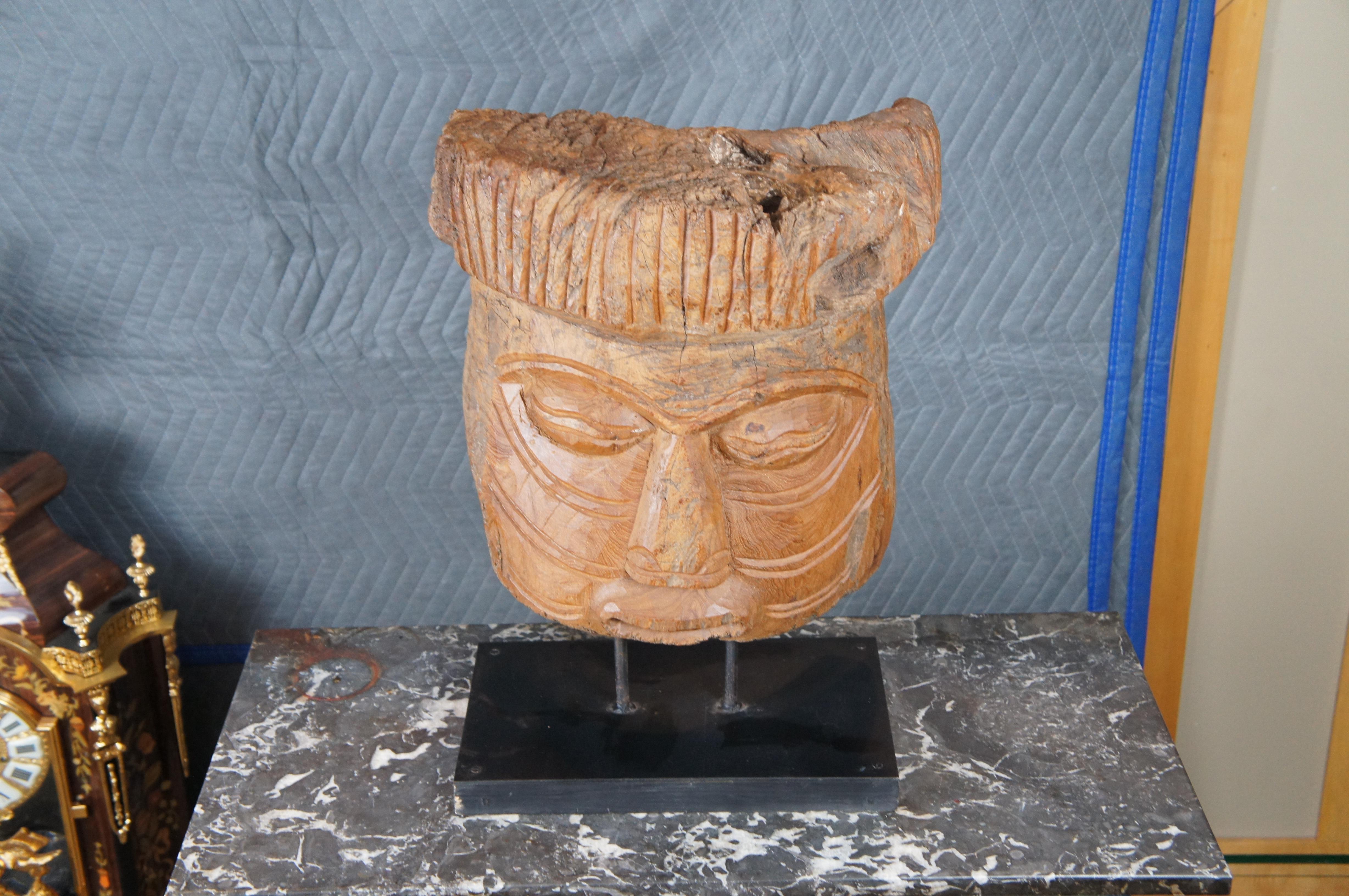 20th Century Primitive Wooden Mesoamerican Style Hand Carved Mask Sculpture on Stand Statue For Sale