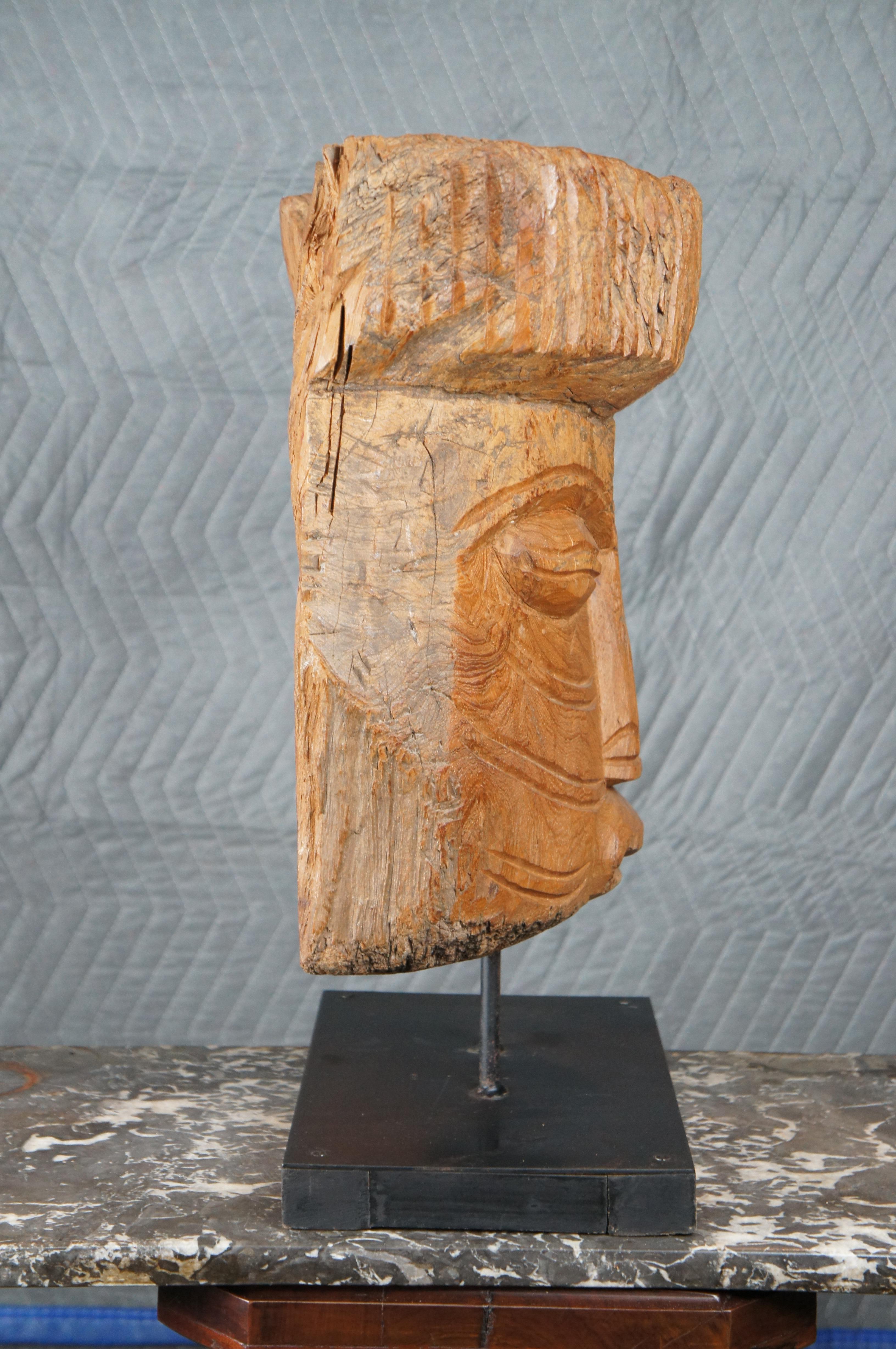 20th Century Primitive Wooden Mesoamerican Style Hand Carved Mask Sculpture on Stand Statue For Sale