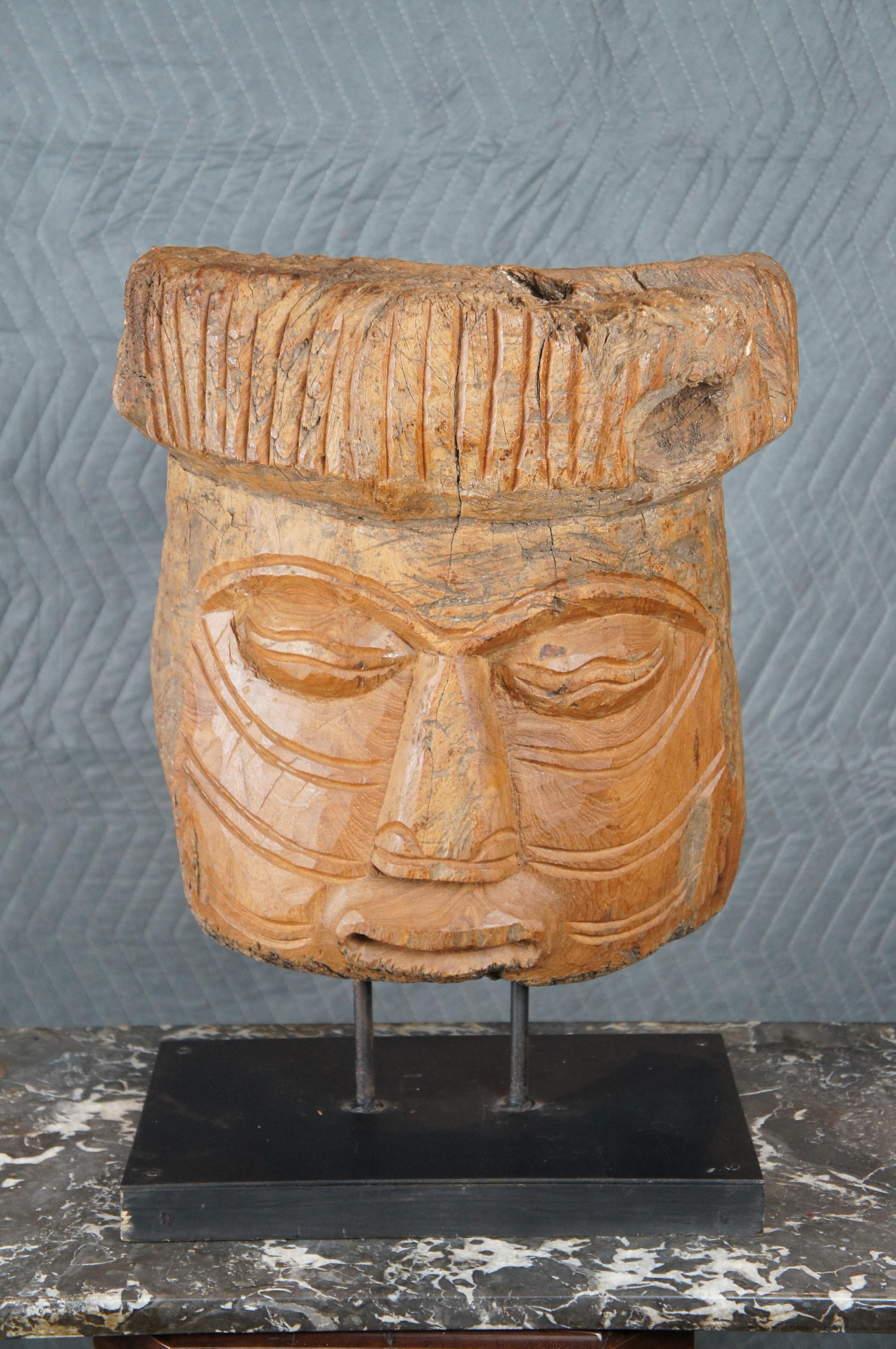 Primitive Wooden Mesoamerican Style Hand Carved Mask Sculpture on Stand Statue For Sale 3