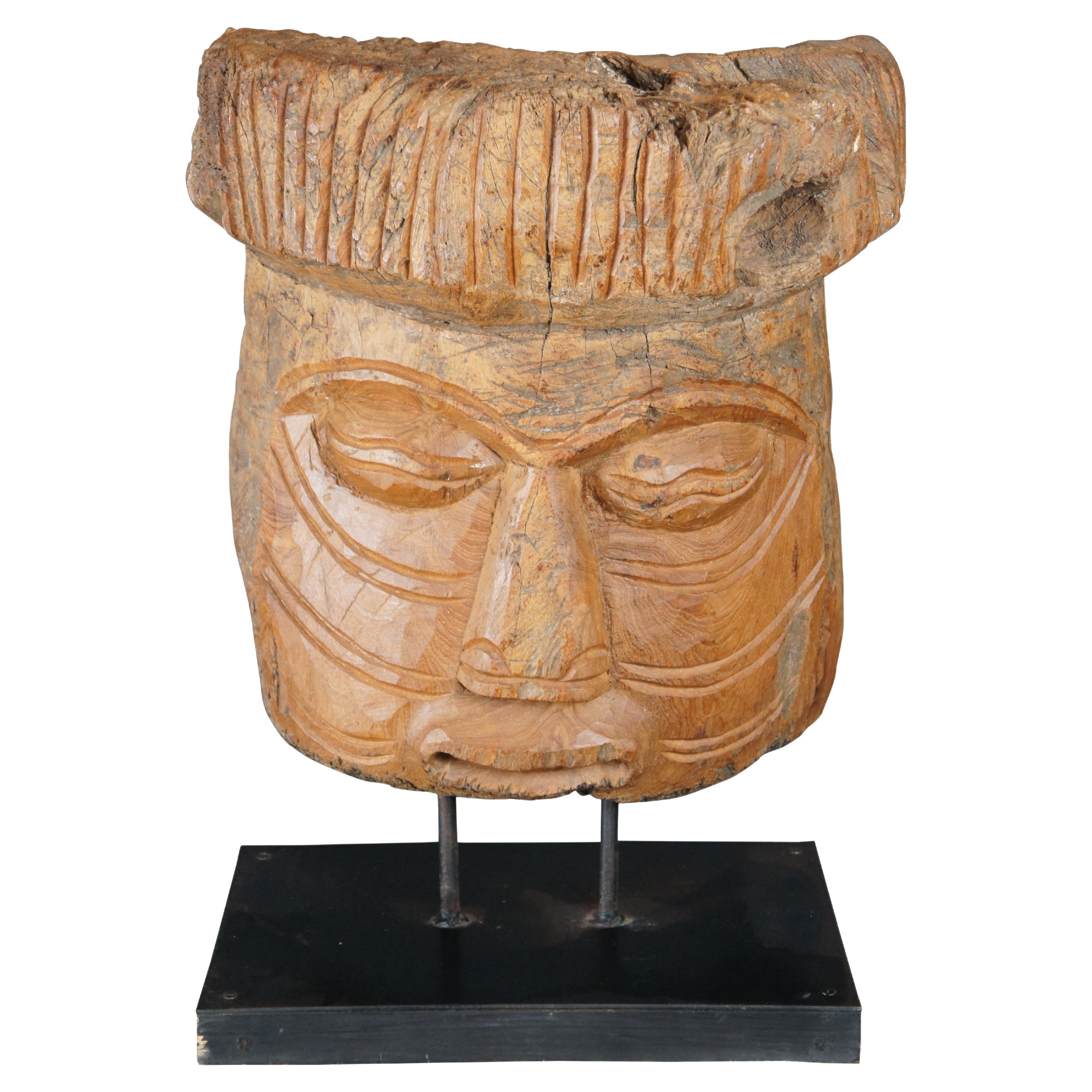 Primitive Wooden Mesoamerican Style Hand Carved Mask Sculpture on Stand Statue For Sale