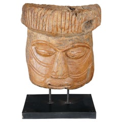 Retro Primitive Wooden Mesoamerican Style Hand Carved Mask Sculpture on Stand Statue