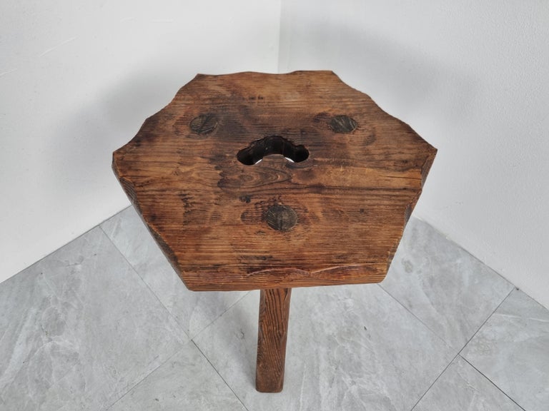 Brutalist Primitive Wooden Stool, 1950s For Sale
