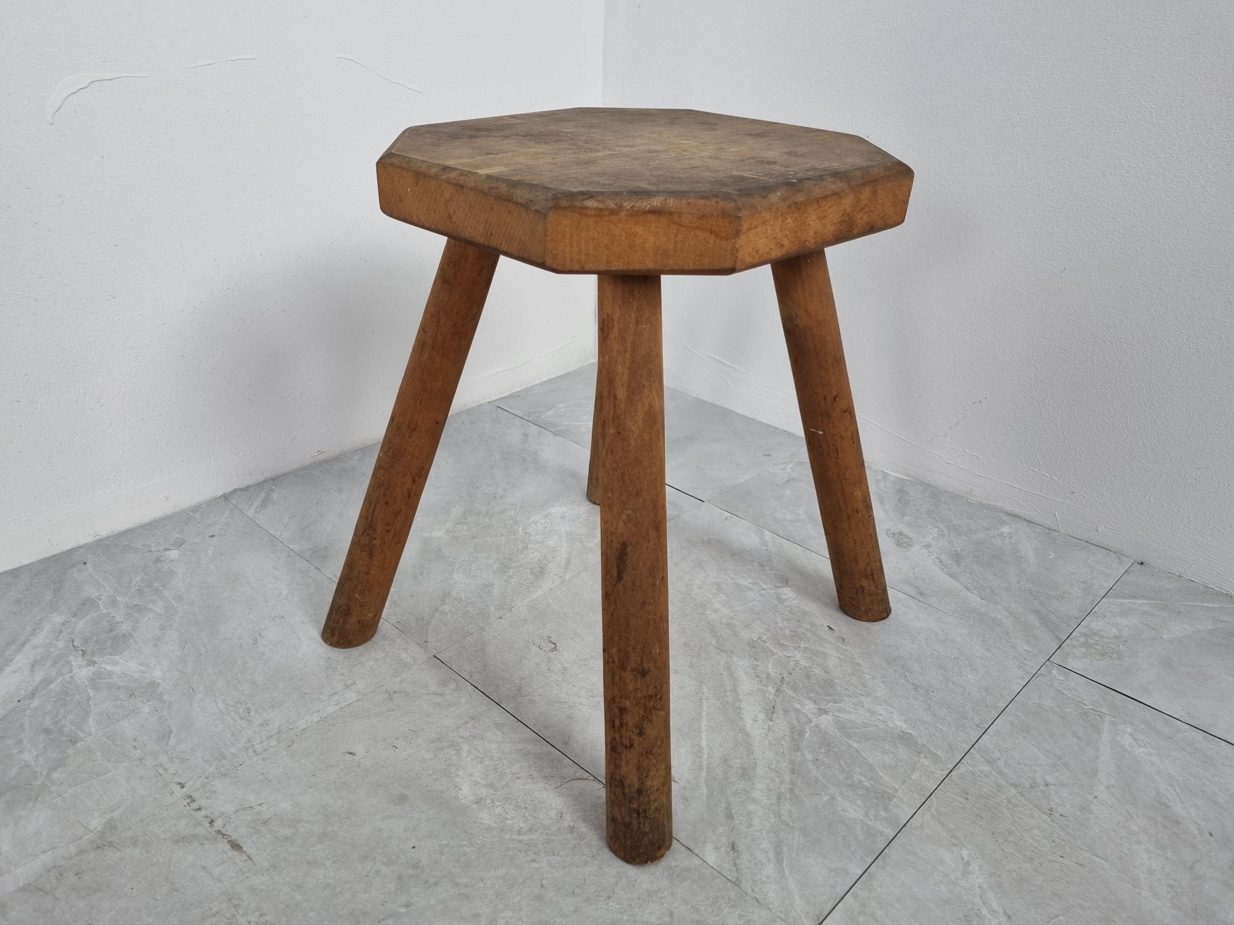 French Primitive Wooden Stool, 1950s For Sale