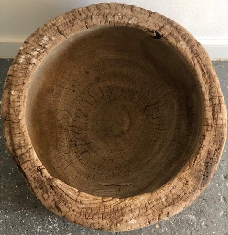 20th Century Primitive Wooden Stump Bowl with Brown Patina For Sale