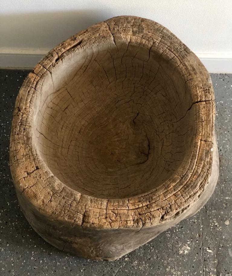 Hardwood Primitive Wooden Stump Bowl with Brown Patina For Sale