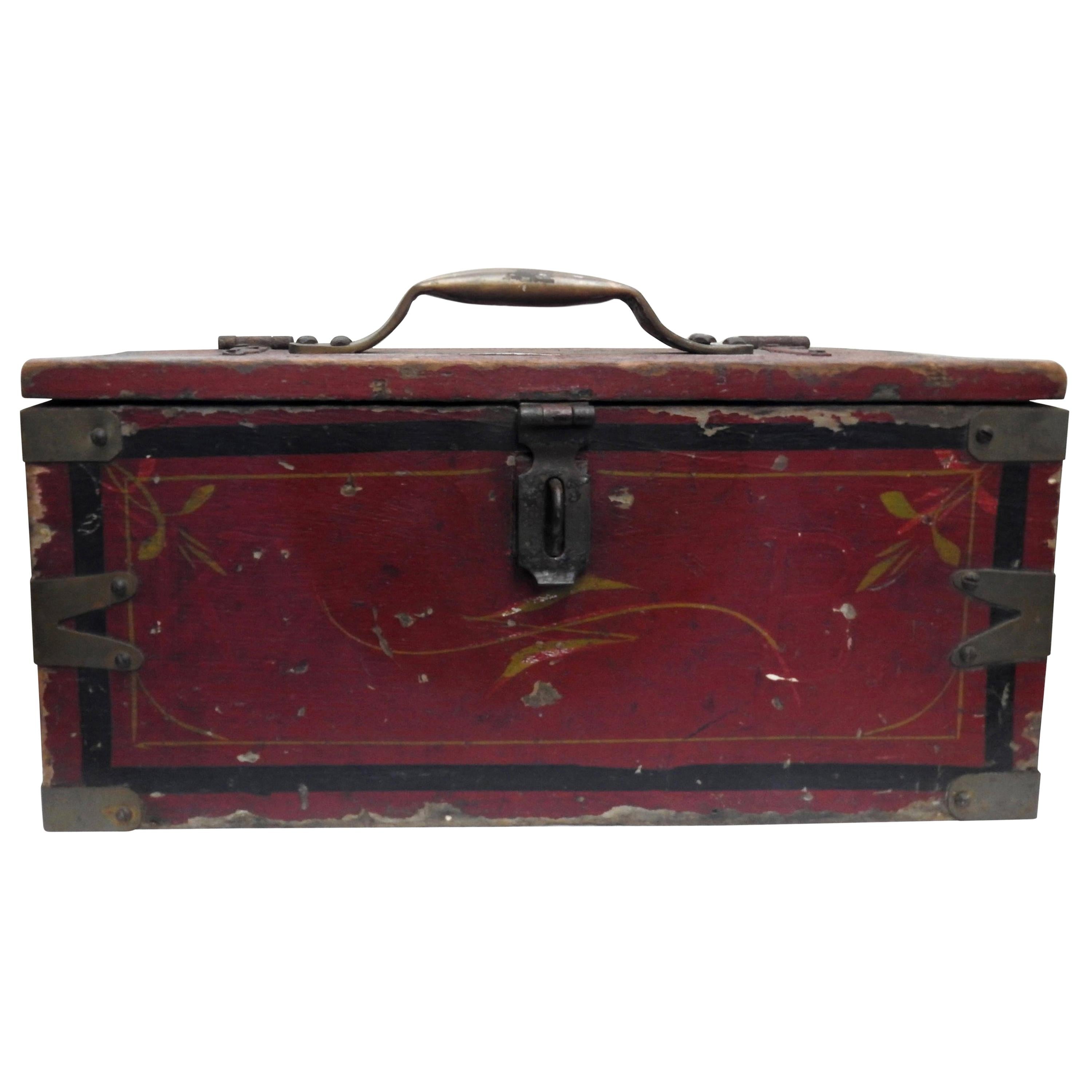 Primitive Wooden Tool Box Hand Painted For Sale