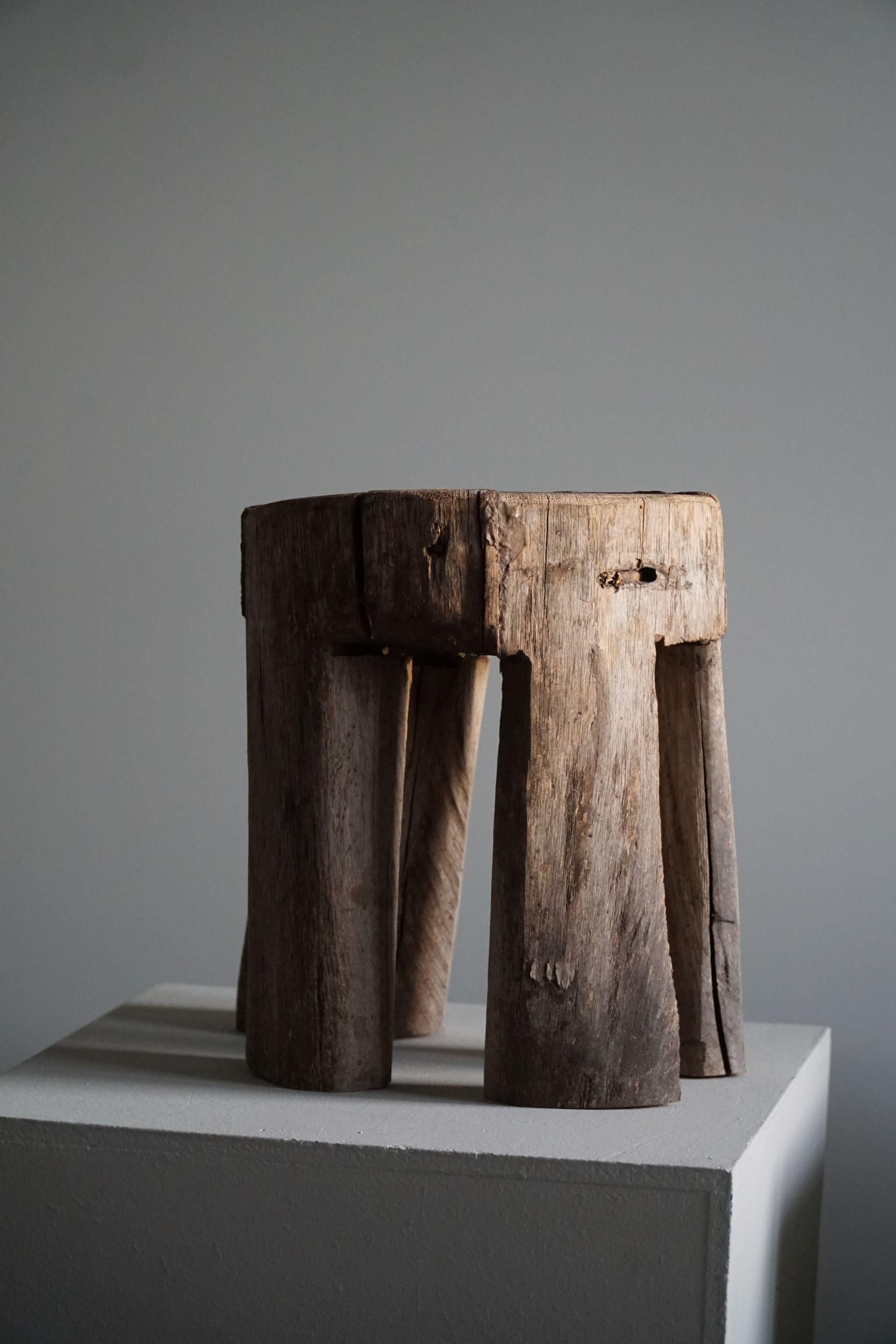 Primitive Wooden Wabi Sabi Stool, Handcrafted by a Swedish Cabinetmaker, 1800s 4