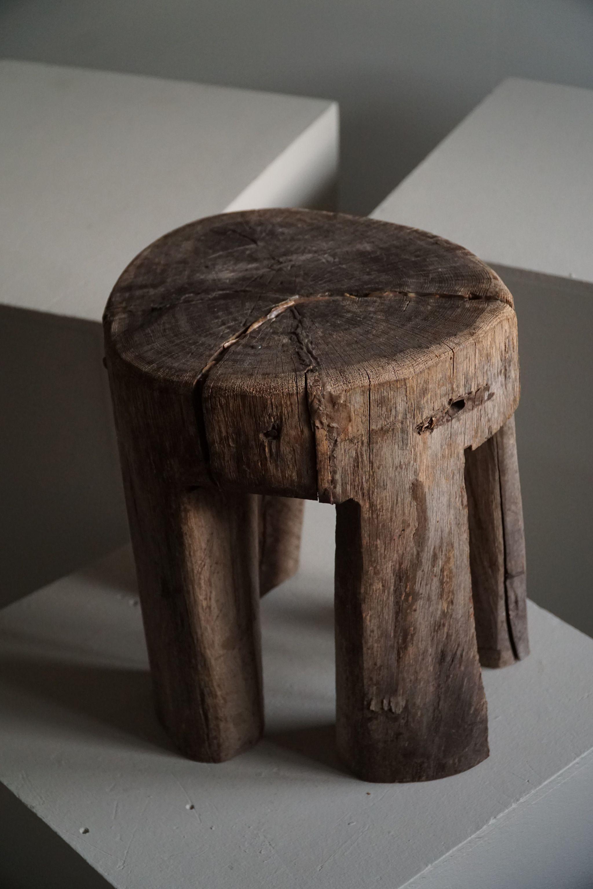 Brutalist Primitive Wooden Wabi Sabi Stool, Handcrafted by a Swedish Cabinetmaker, 1800s