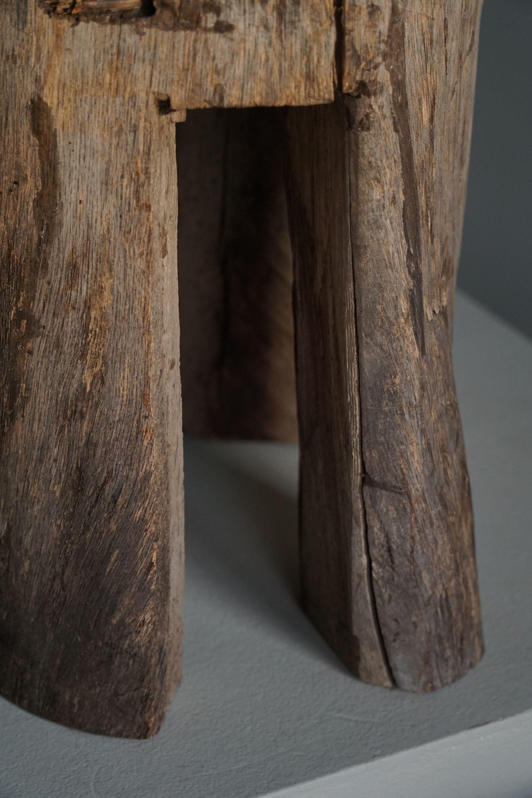 Primitive Wooden Wabi Sabi Stool, Handcrafted by a Swedish Cabinetmaker, 1800s In Fair Condition In Odense, DK