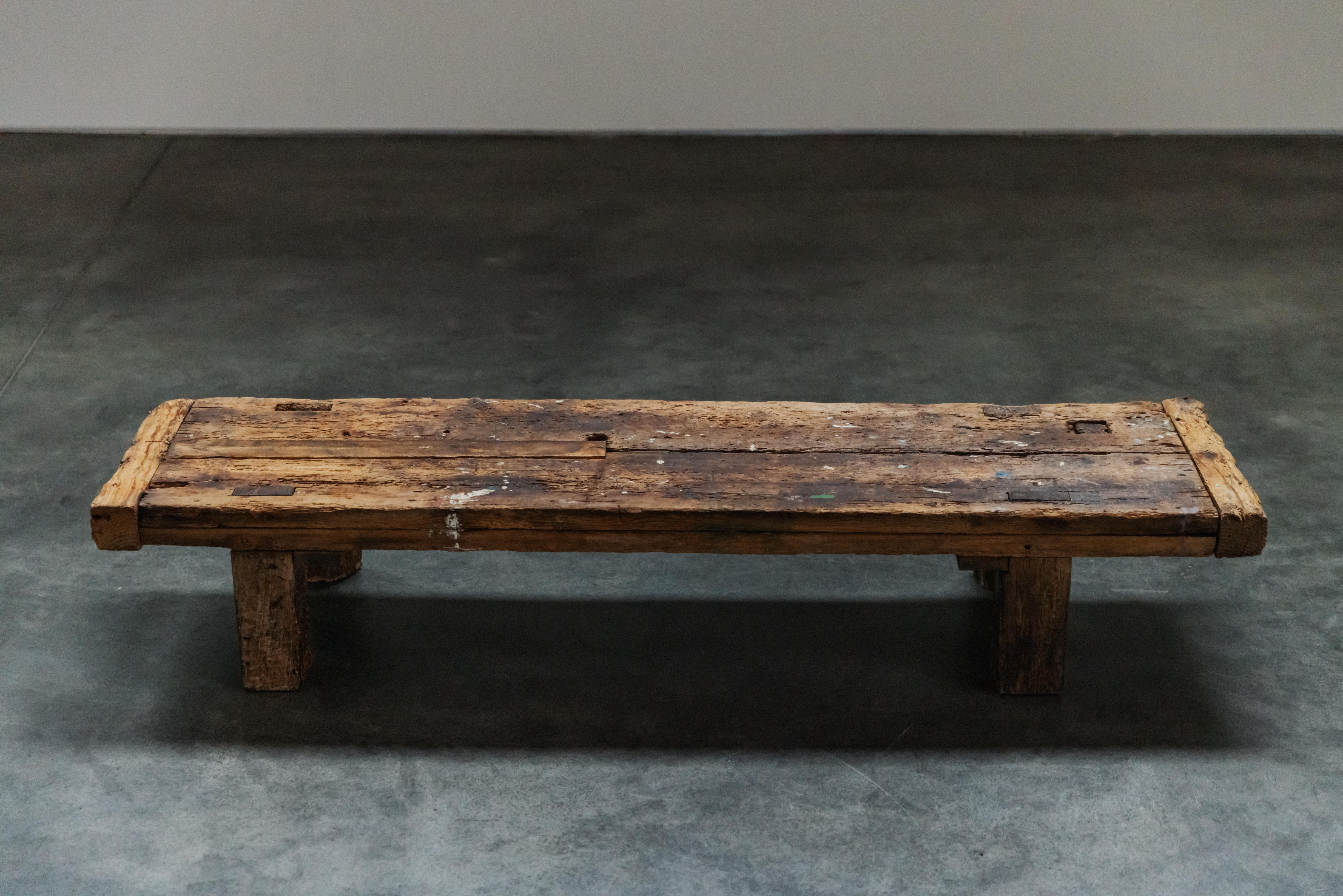 Primitive Work Bench Coffee Table From France, Circa 1900.  Solid pine construction with nice patina and wear.
