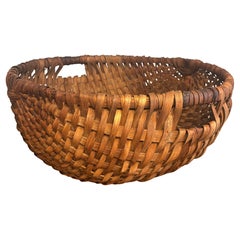 Antique Primitive Woven Split Oak Gathering Basket with Leather Wrapped Handles, 19c