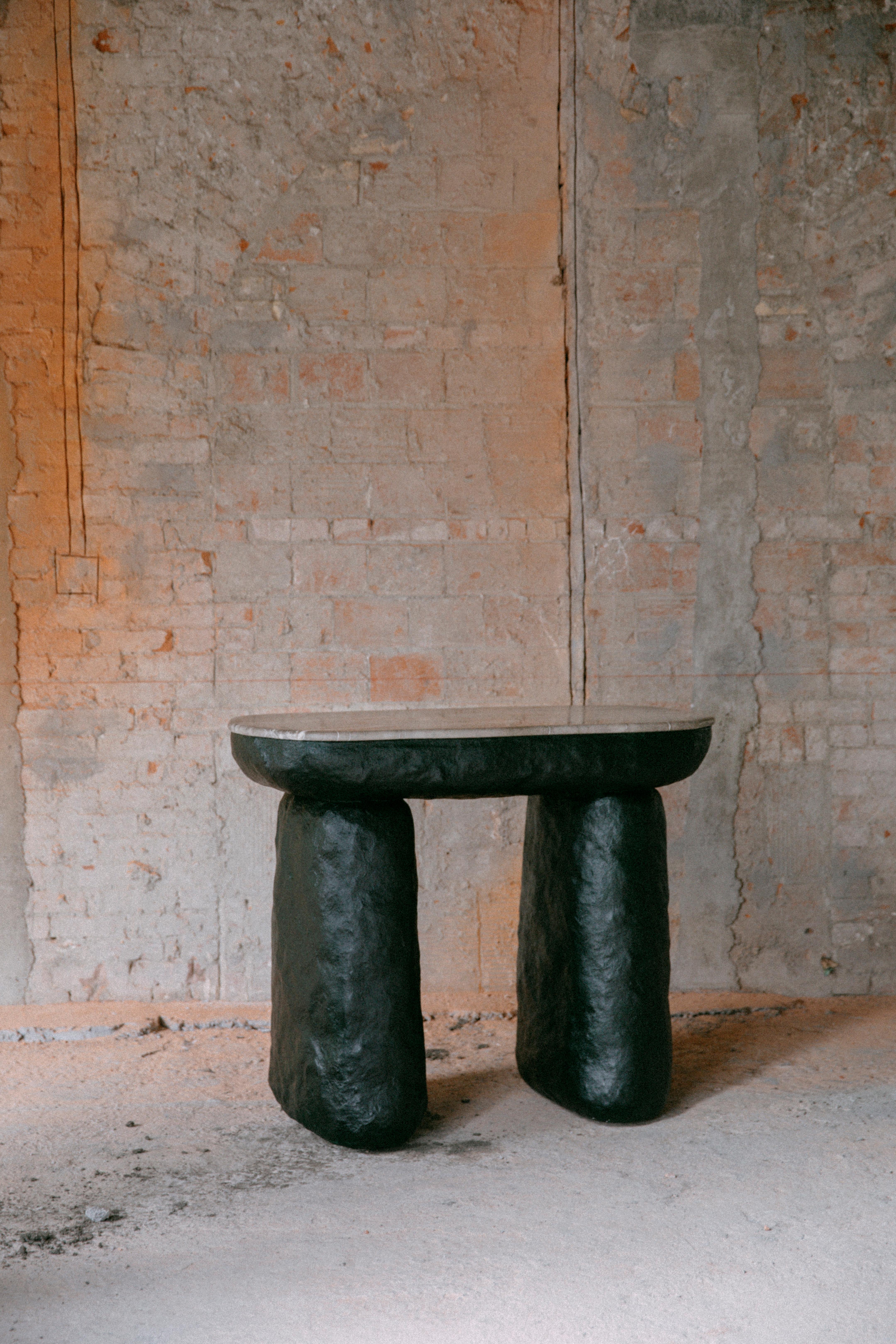 Primitivo Fantástico Dolmen table by Algo Studio
Designed by Diego Garza
Dimensions:  D 110 x W 40 x  H 90 cm
Materials: Marble, paper paste coating, plywood structure.
Available finishes: Urethane paint or automotive lacquer.

Latest pieces