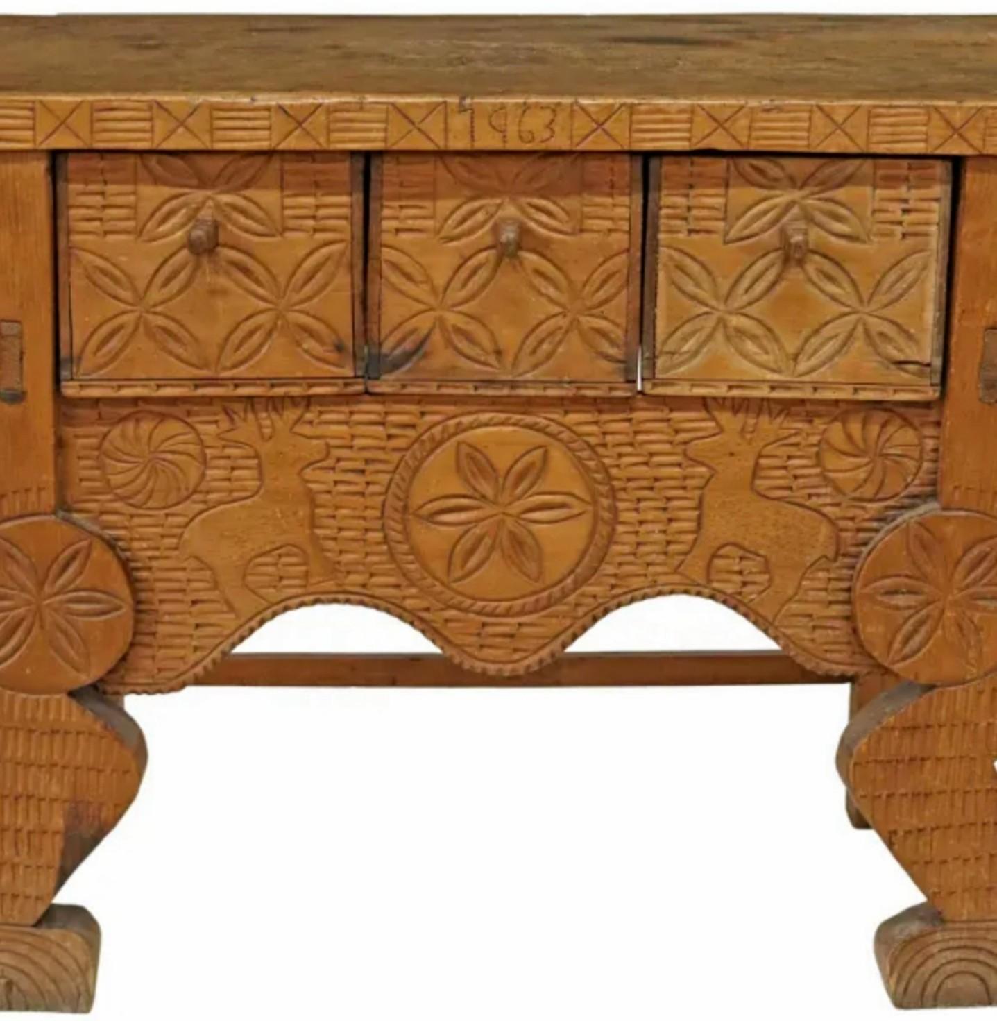 Primitive Primitve Guatemalan Nahuala Hand Carved Console Table  For Sale