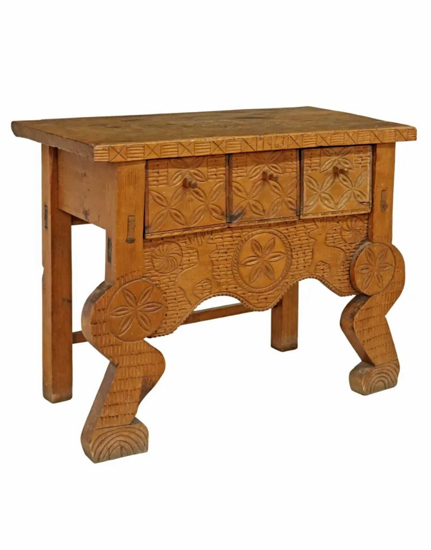 20th Century Primitve Guatemalan Nahuala Hand Carved Console Table  For Sale