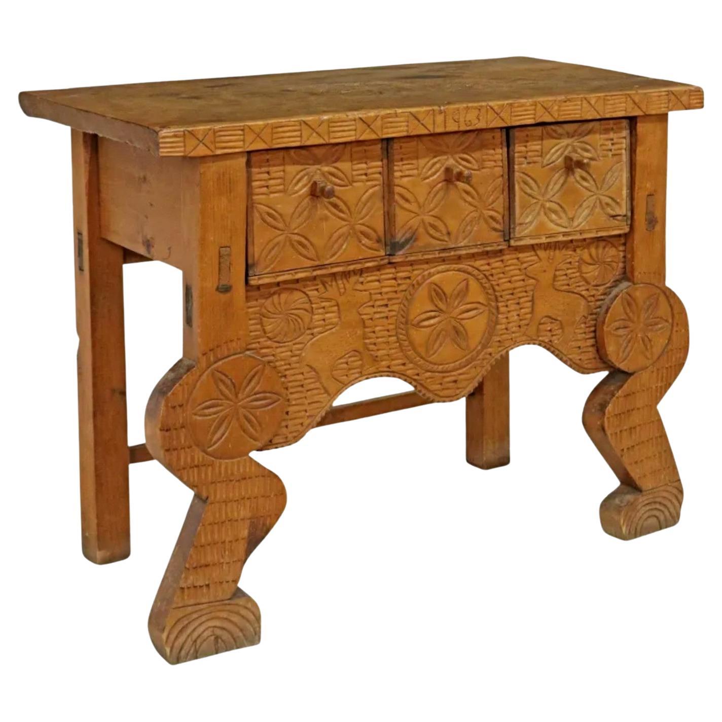 Primitve Guatemalan Nahuala Hand Carved Console Table  For Sale