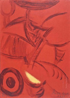 Abstrakte Komposition in Rot – Lithographie von Primo Conti – 1973