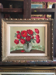 Peinture à l'huile impressionniste française des années 1930 - Fleurs rouges dans un vase