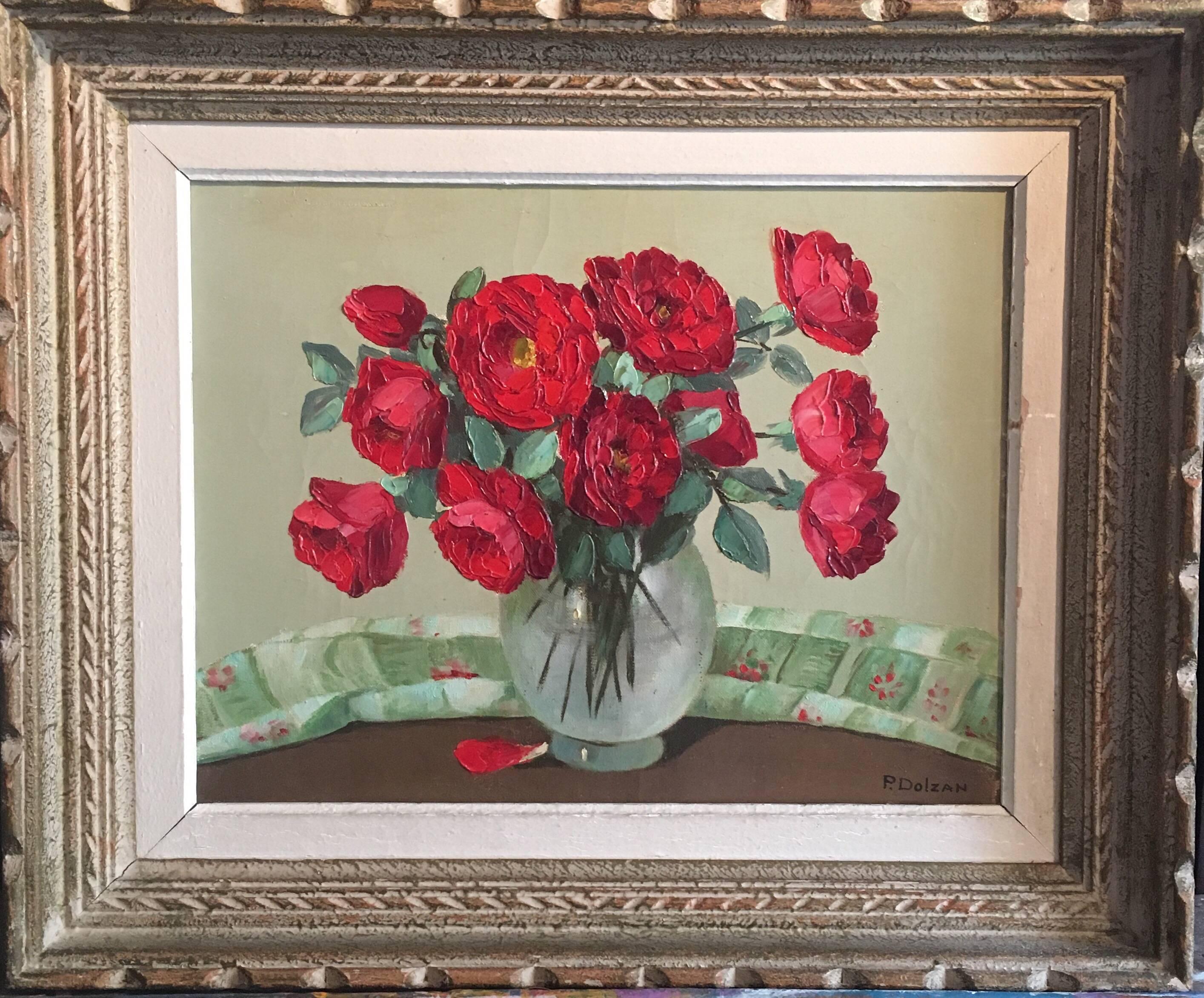1930’s French Impressionist Oil Painting - Red Flowers in a Vase - Brown Still-Life Painting by Primo Dolzan