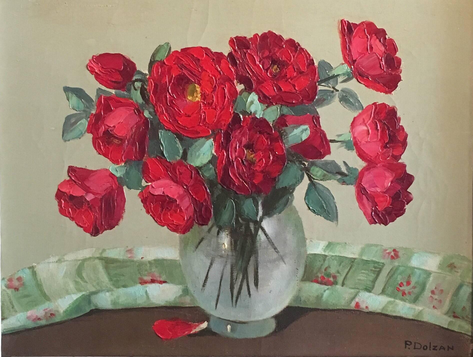 Primo Dolzan Still-Life Painting - 1930’s French Impressionist Oil Painting - Red Flowers in a Vase