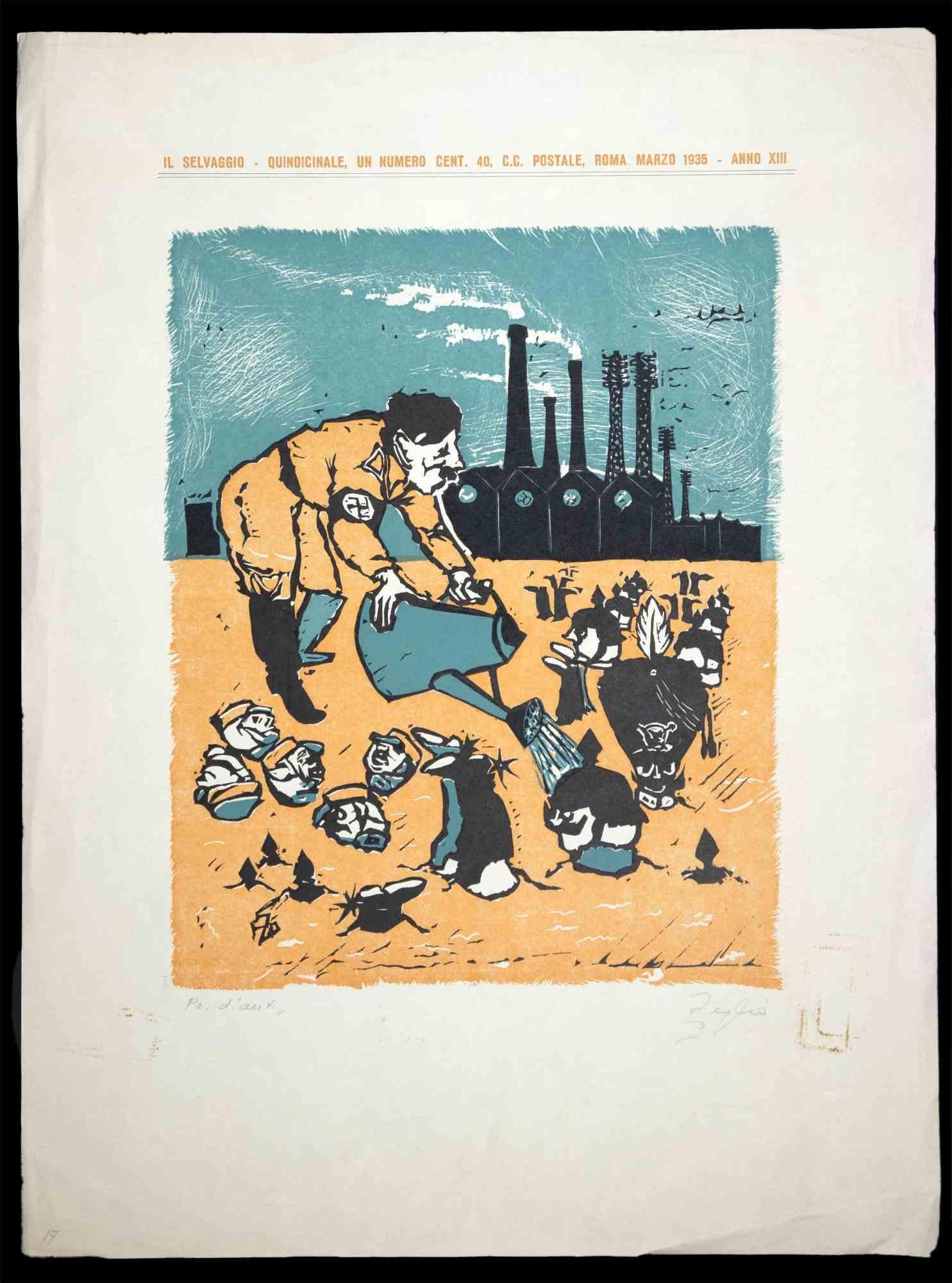 The Cultivation of Dictators is an original woodcut print by Primo Zeglio in the 1940s.

Good conditions.

The artwork is depicted through strong strokes in a well-balanced composition.