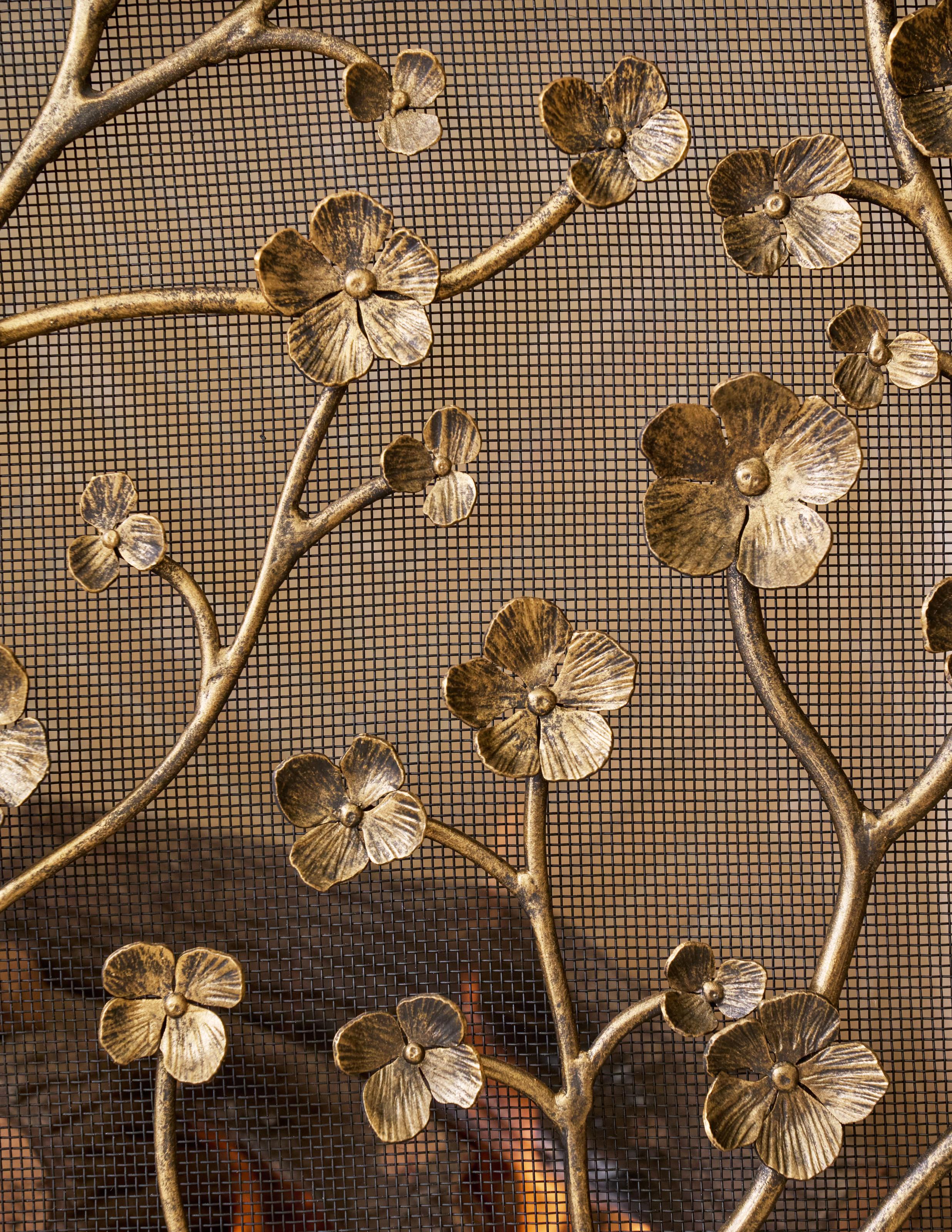 American Primrose Garden Fireplace Screen in Aged Gold For Sale