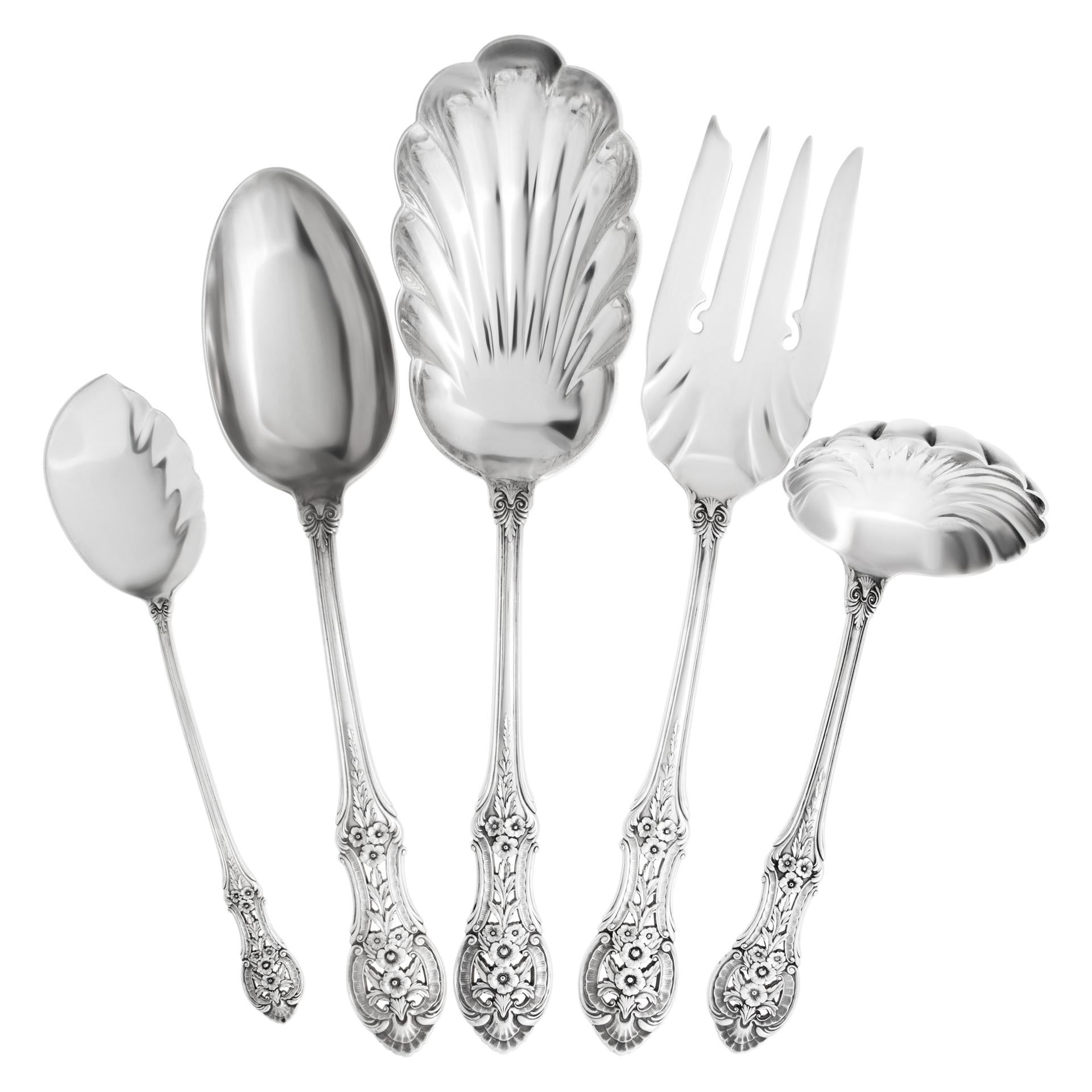 PRIMROSE, sterling silver flatware set by International, patented in 1936. 165 total pieces, dinner & lunch set with 12 serving pieces, 153 troy ounceS of .925 sterling silver, (not counting any of the stainless steel blade pieces). PLACE SETTING: