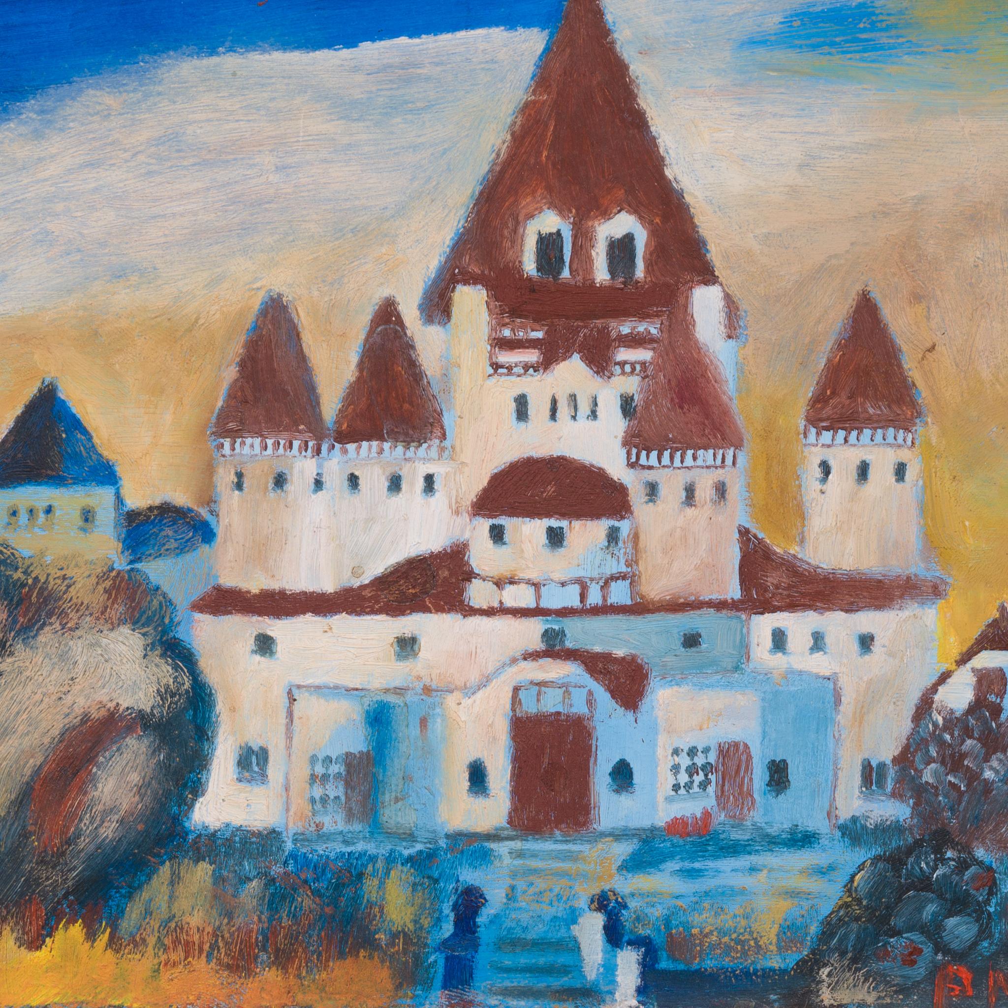 Este pequeño pero llamativo cuadro de Primus Mortimer Pettersson (18,5 x 21,5 cm) encierra la esencia de su visión artística: un mundo imaginado donde la realidad y el sueño se confunden. El castillo, resplandeciente en azules profundos, ocres