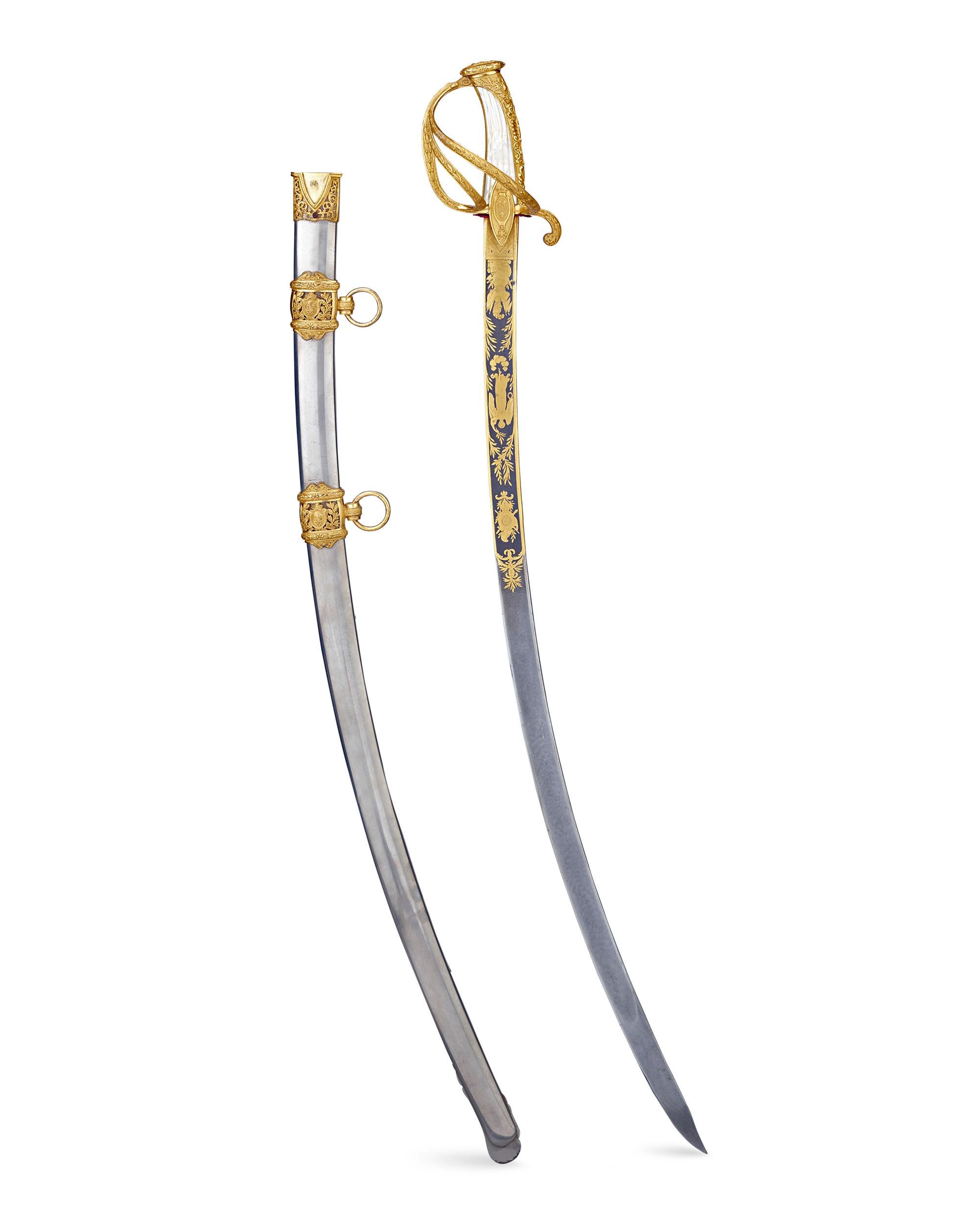 This exquisite sabre was created for and owned by the son of the French King Charles X, known as Charles Ferdinand, the Duke of Berry and Prince of France. It was made by the noted swordmaker Jean-Georges Bick, considered one of the finest craftsmen