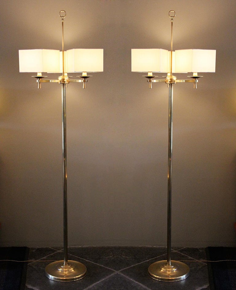Prince de Galles, Paris, circa 1940, Art Deco floor lamps
chic pair of Art Deco floor lamps from the prestigious Prince de Galles Hotel in Paris, France. 

The lamps have been rewired for US electrical sockets and are fitted with new linen and