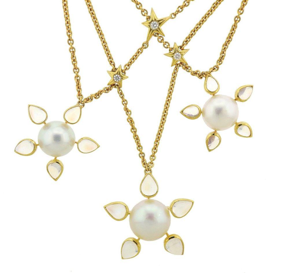 18k gold pendant necklace crafted by Assael for Prince Dimitri, set with approx. .049ctw in G/VS diamonds, 10.46ctw in moonstone, and pearls ranging from 13.4-15.5mm. Necklace is 16.75