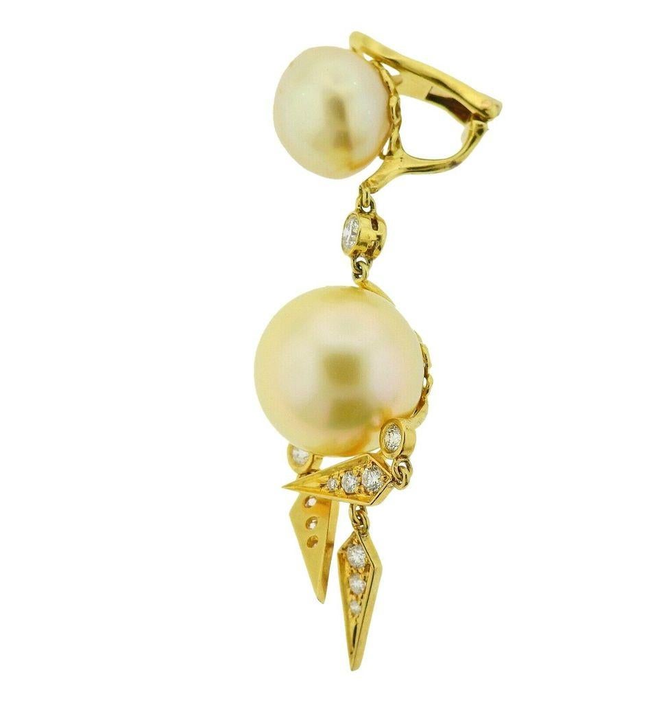 18k gold drop earrings crafted by Assael for Prince Dimitri, set with approx. 1.06ctw in G/VS diamonds, and South Sea pearls. Earrings are 52mm long x 20mm wide. Total weight 23.2 grams. Marked 750 


