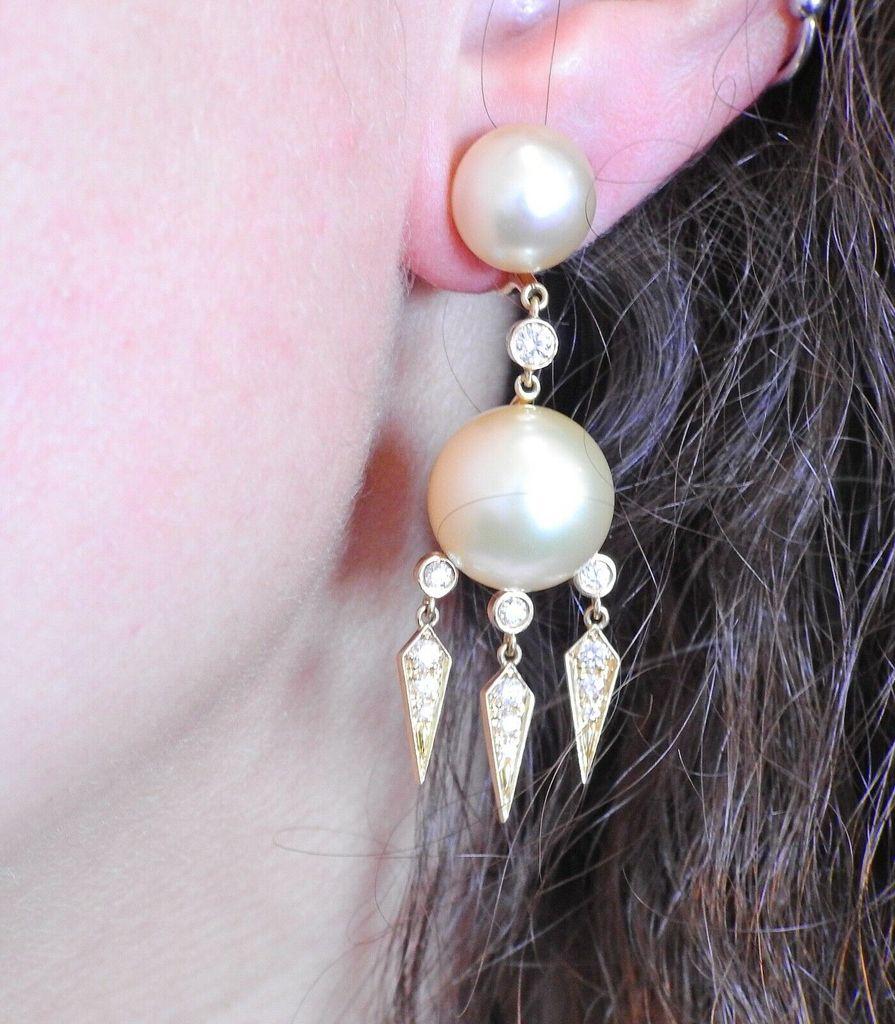 Assael Prince Dimitri Diamond South Sea Pearl Gold Drop Earrings In Excellent Condition For Sale In Lambertville, NJ