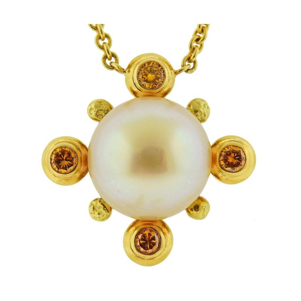 18k gold pendant necklace crafted by Assael for Prince Dimitri, set with approx. 2.19ctw in VS fancy diamonds, and a 17mm South Sea pearl. Necklace is 16