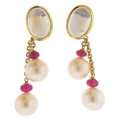 Assael Prince Dimitri Ruby Moonstone South Sea Pearl Gold Drop Earrings