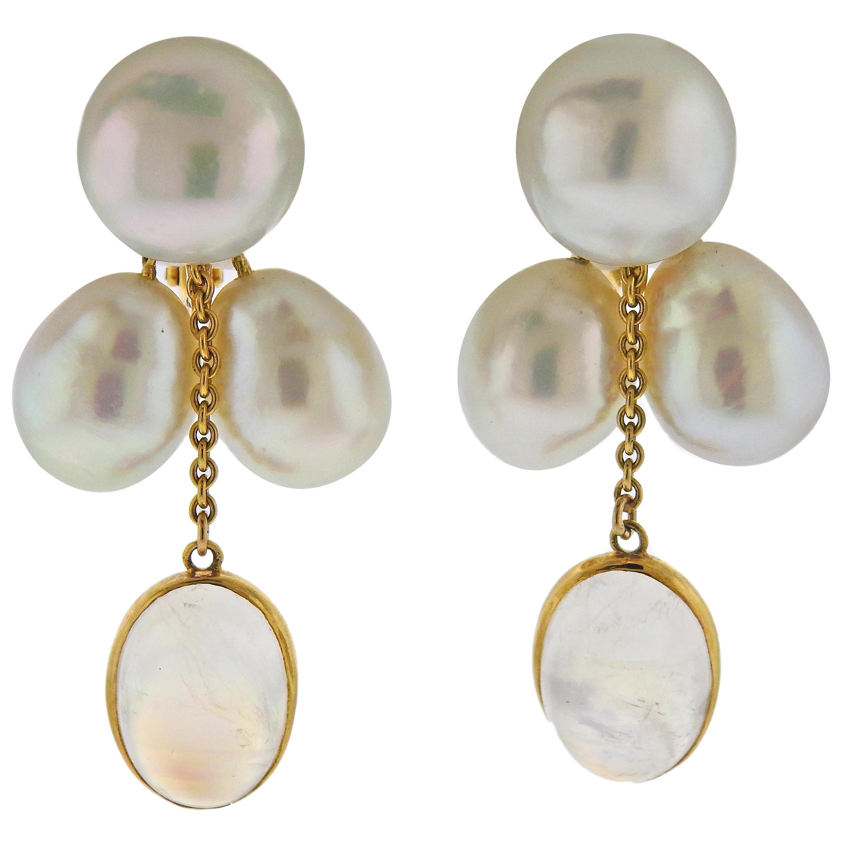 Assael Prince Dimitri South Sea Pearl Moonstone Gold Drop Earrings For Sale